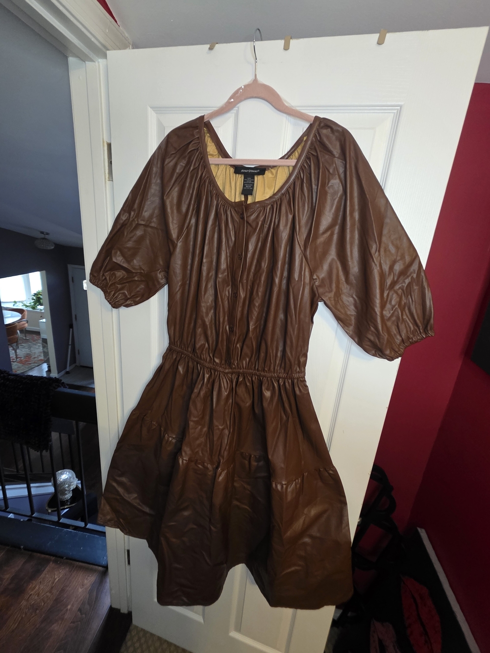 Ashley Stewart Brown Vegan Leather Puff-Sleeve Mini Dress
